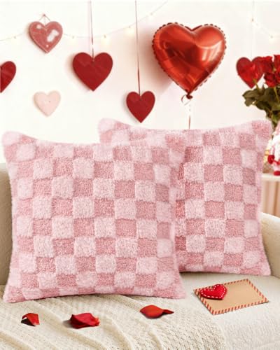 Valentine's Day Pillow Covers Set of 2 - 18x18 Inch Plush Faux Fur