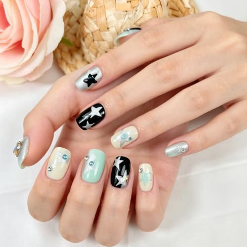 Y2K Short Square Press on Nails with Silver Star Rhinestones, 24 Pcs