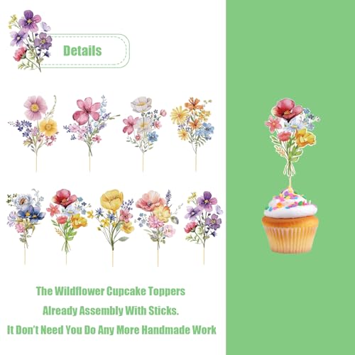 Wildflower Cupcake Toppers - 36PCS Floral Cake Decorations