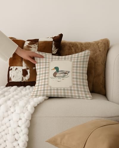 Mallard Duck Throw Pillow Cover 18x18, Farmhouse Plaid Decor - Color-20
