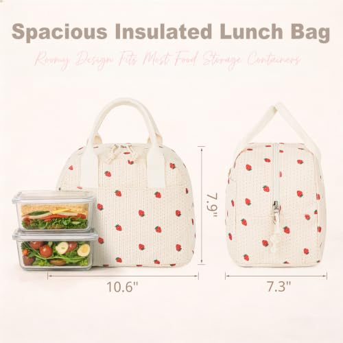 Cute Strawberry Insulated Lunch Bag for Women - Durable Corduroy Tote