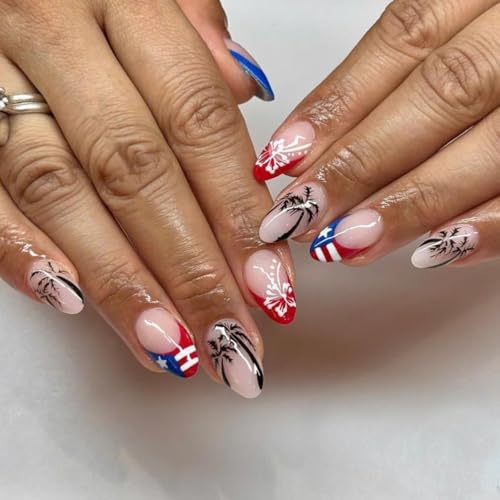 Independence Day Press on Nails Short Almond French Tip Fake Nails