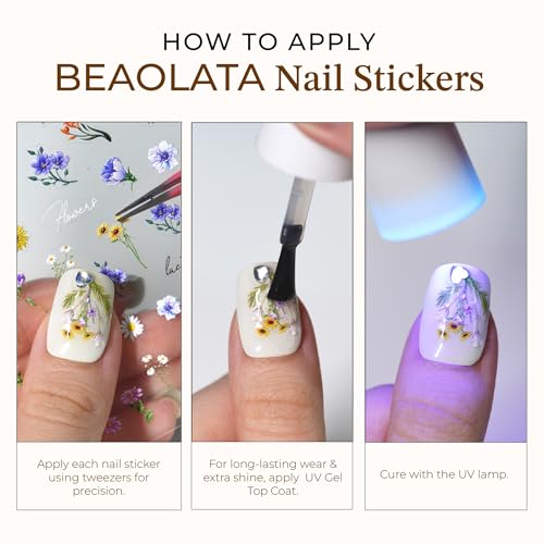Beaolata 5D Embossed Flower Nail Stickers - Iridescent Floral Decals 3 Sheets
