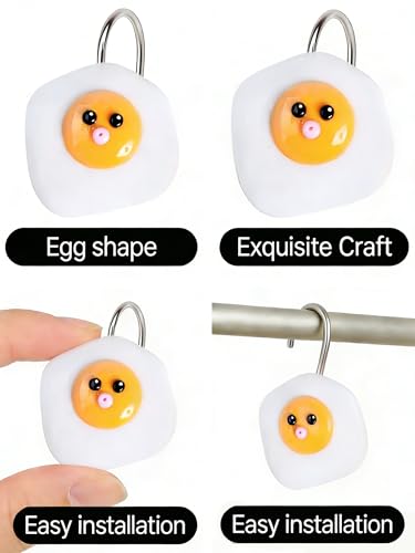 YOINIUEM Fried Egg Shower Curtain Hooks - 12 Pcs Cute Resin Bath Rings