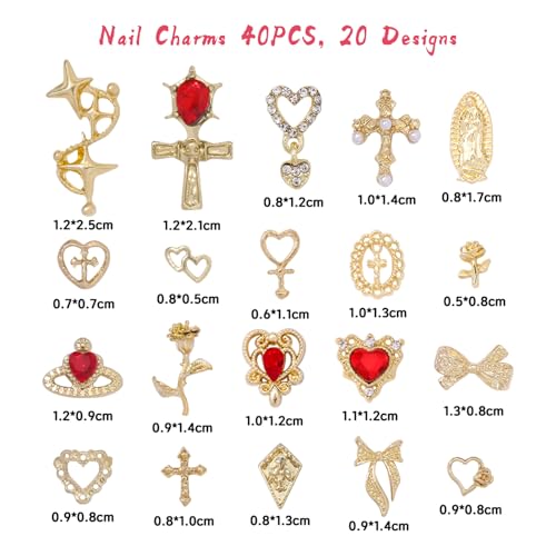 Bratrico 40PCS Gold Nail Charms Set Y2K Baroque 3D Gems with Red Rhinestones