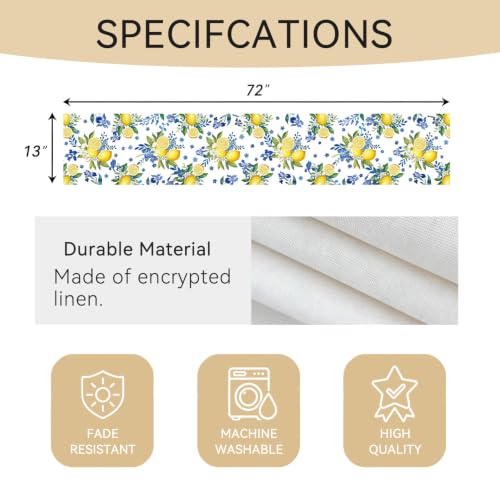 Lemon & Blue Floral Table Runner | 72 x 13 in | Machine Washable