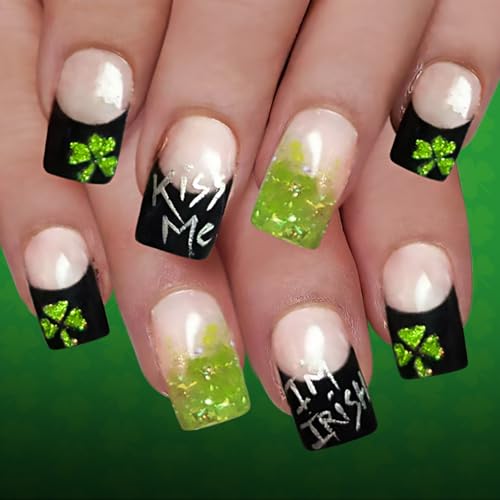 St. Patrick's Day Press on Nails Medium Square French Tip False Nails