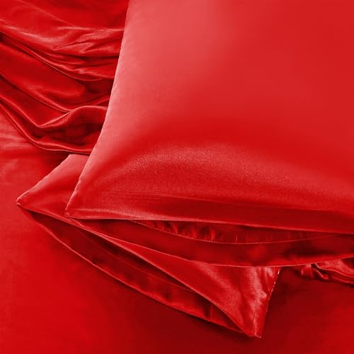 Red Satin Pillowcases for Hair - Set of 2, 20x26 Inches, Standard Size