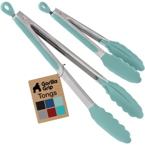 Gorilla Grip Stainless Steel Kitchen Tongs Set - 9" & 12" Mint, BPA Free, Heat Resistant 550°F