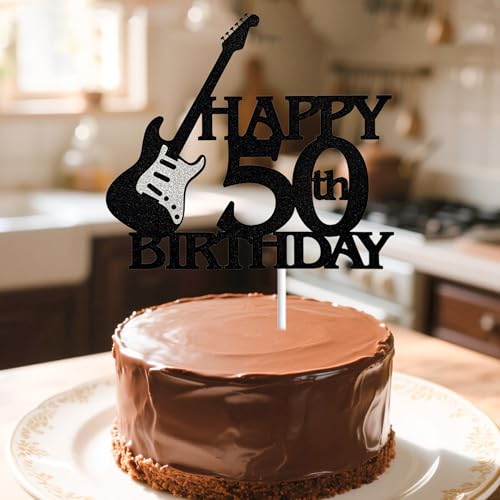 Guitar-Themed 50th Birthday Cake Topper - Black & Silver Glitter