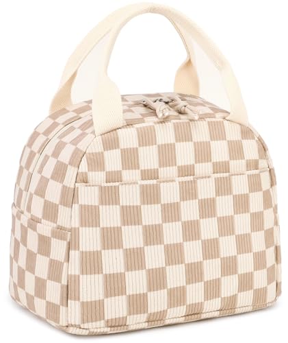 LEDAOU Insulated Corduroy Lunch Bag - Brown Checkered Small Lunch Tote