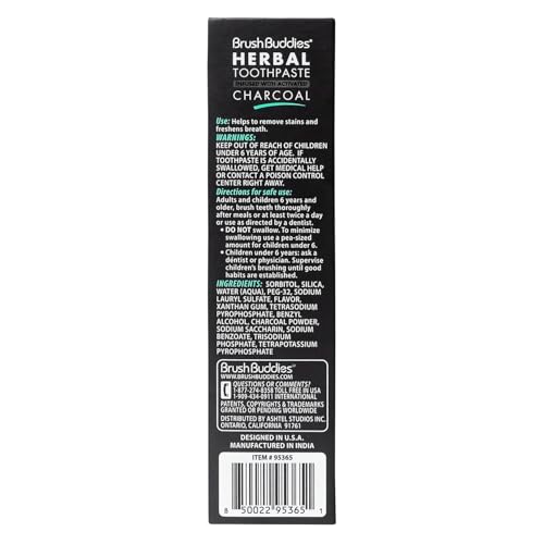Brush Buddies Herbal Charcoal Toothpaste 3.5 oz - Fluoride Free Cool Mint