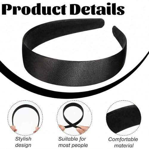 Black Satin Headbands 2 Pack, 1.1 Inch Wide Non-Slip Hair Bands