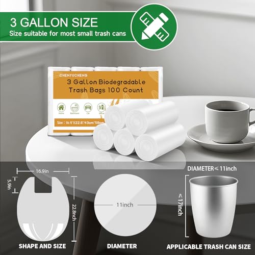 3 Gallon White Trash Bags with Handles - 100 Count Biodegradable