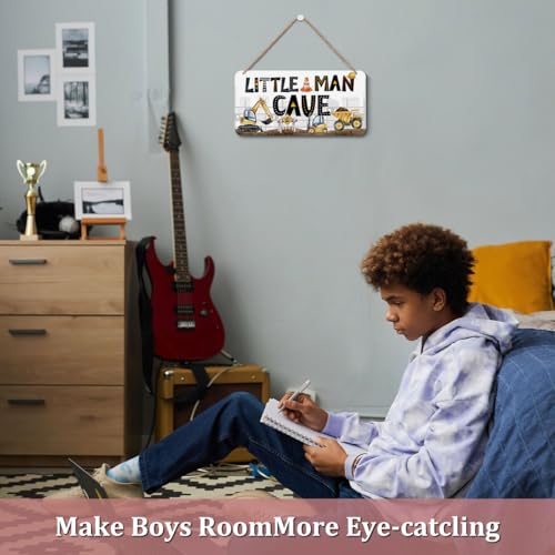 Little Man Cave Sign - Boys Construction Truck Wooden Wall Plaque Multi0456