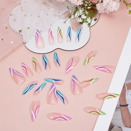 NICENEEDED Long Stiletto Press on Nails Colorful French Tip False Nails