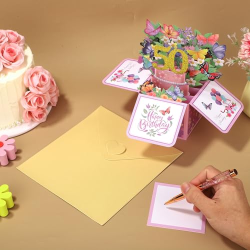 50th Birthday Pop-Up Card with Envelope - 3D Floral Butterfly Design