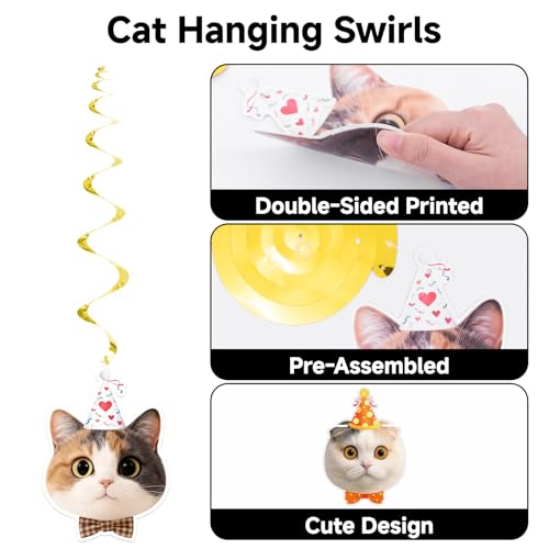 Cat Themed Happy Birthday Banner and Hanging Swirls Set - Multicolor