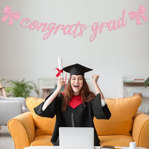 Pink Glitter Congrats Grad Banner for 2026 Graduation Parties