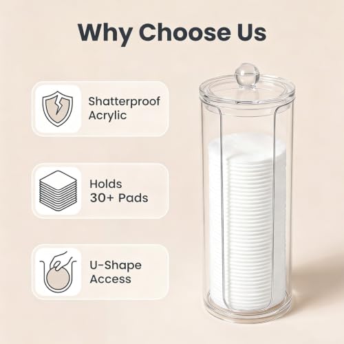 Acrylic Cotton Pad Dispenser with Clear Lid - 16oz Organizer for Makeup & Skincare