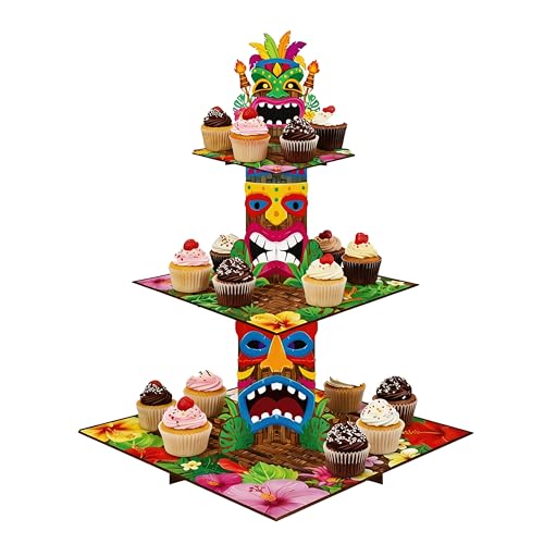 Hawaiian Cupcake Stand - 3 Tier Tiki Cake Holder for Luau Parties