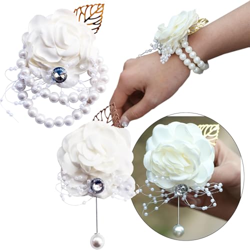 Ivory Handmade Silk Rose Wrist Corsage & Boutonniere Set