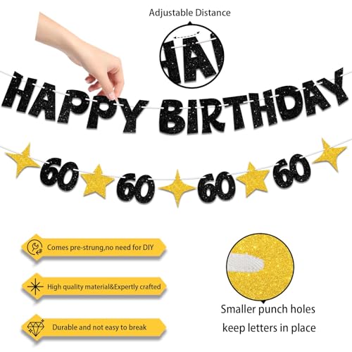 Happy 60th Birthday Banner, Black and Gold Glitter Party Decoration Sign