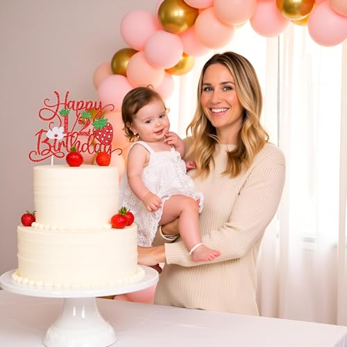 Sleyberoy Strawberry Red Glitter Cake Topper for 1/2 Birthday