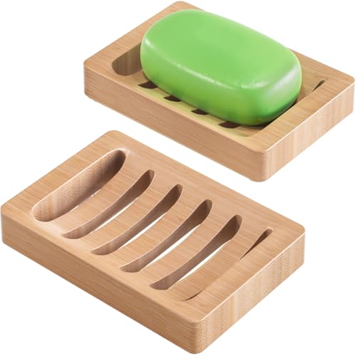 Natural Bamboo Soap Dish Holder 2 Pack - Self-Draining Wood Bathroom & Kitchen Tray