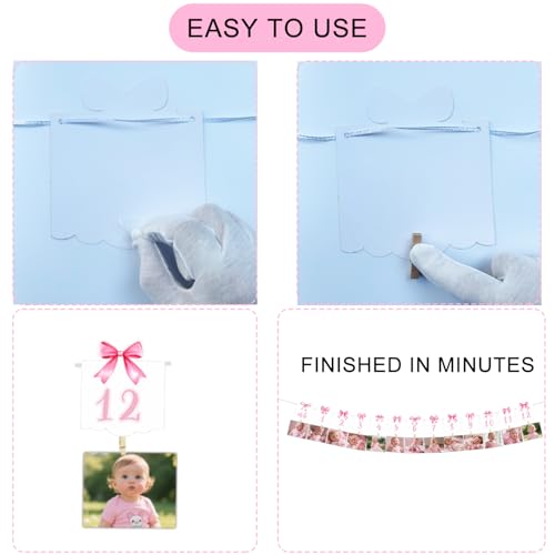 Pre-Strung Pink Bow 1st Birthday Photo Banner with Clips
