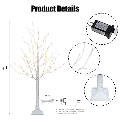 Lighted Birch Trees 4ft 2 Pack with Timer & LED Warm White Lights Indoor Outdoor