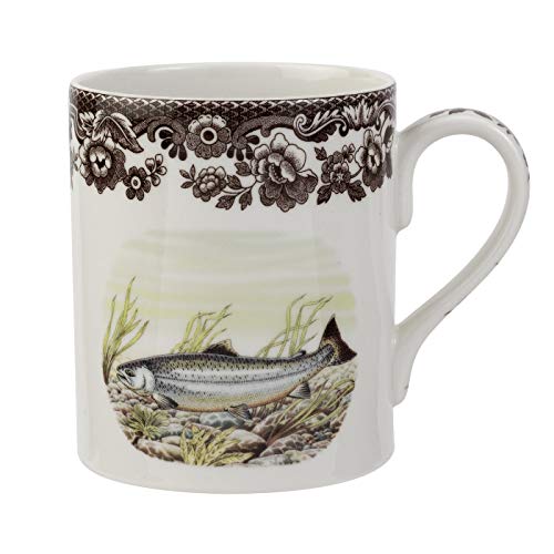 Spode Woodland King Salmon 16 oz Mug - Fine Porcelain Drinkware with Historic Floral Border, Fishing-Themed Country Decor for Fall & Holidays - Microwave, Oven, Freezer & Dishwasher Safe
