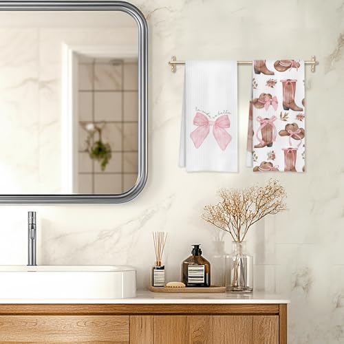 Coquette Pink Bow Kitchen Towels Set of 2 - Rustic Cowgirl Design