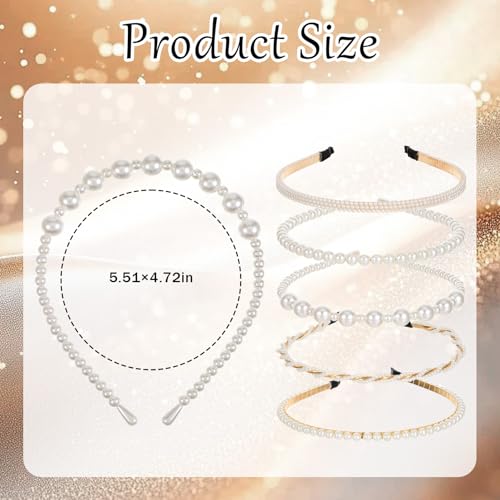 Bremorou 5 Pack Faux Pearl Headbands for Women Non Slip Hair Hoops