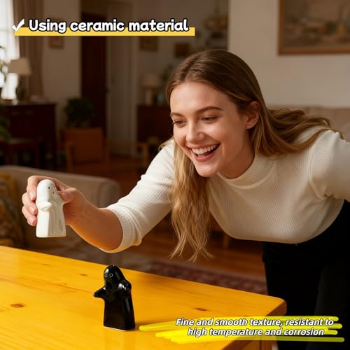 RyanDesign Black & White Ceramic Ghost Salt & Pepper Shakers 1.5x1.0x0.8cm Refillable Gift Set
