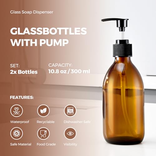 10 oz Amber Glass Pump Bottle Set - Refillable Lotion Dispenser