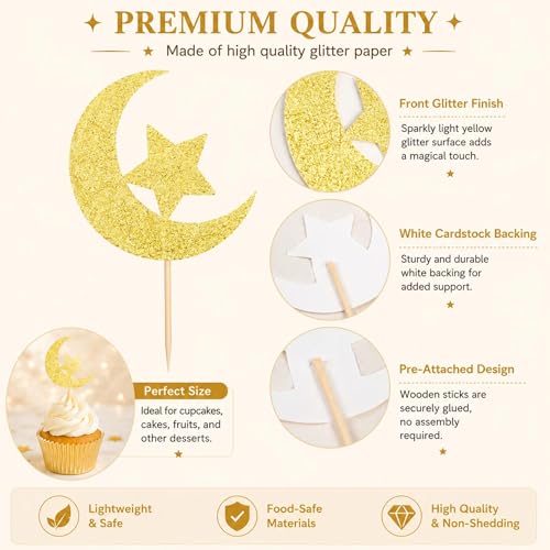 24 Pcs Star Moon Cupcake Toppers - Golden Glitter Decorations