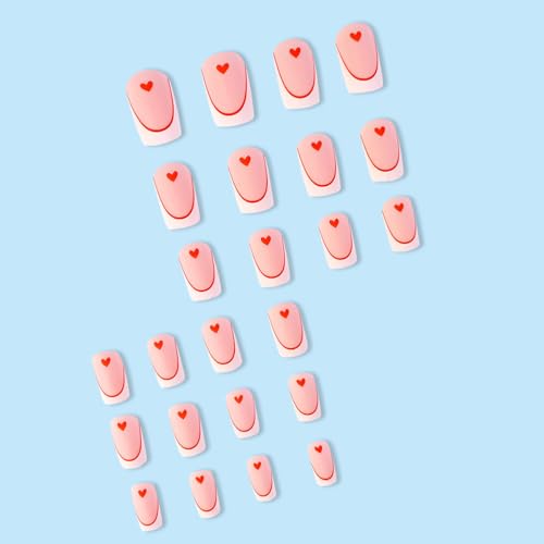 Valentine Press On Nails Medium Square French Tip Heart Fake Nails 24Pcs
