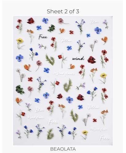 Beaolata 5D Embossed Flower Nail Stickers - Iridescent Floral Decals 3 Sheets