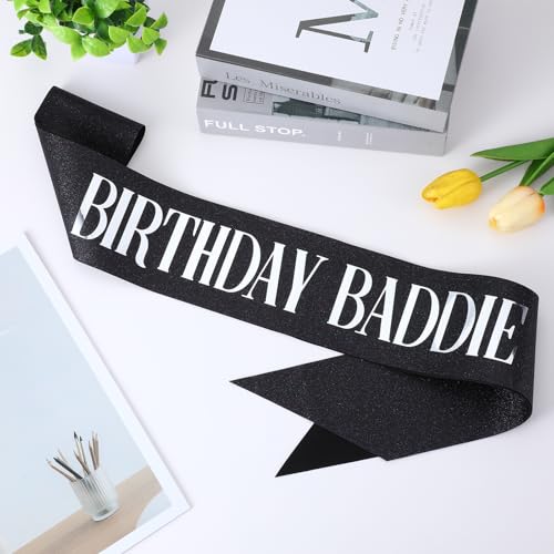 Birthday Baddie Sash for Adults - Black Glitter with Silver Foil