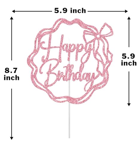 Pink Bow Happy Birthday Cake Topper - Glittery Decoration