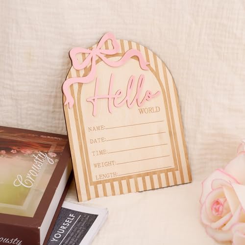 Hello World Newborn Announcement Sign with Pink Bow - Wooden Baby Keepsake