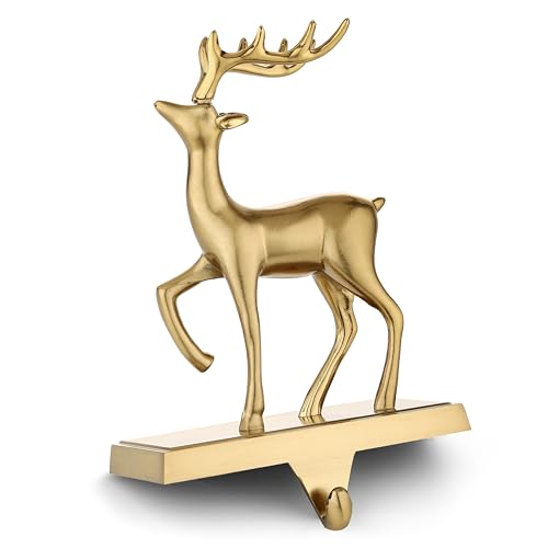 2 Pack Antique Gold Christmas Deer Stocking Holders for Mantle - Heavy Metal Holiday Hooks