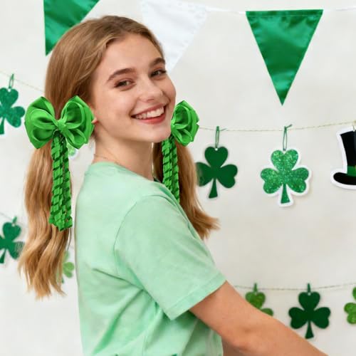 Leyhooney Green Hair Bows with Long Spiral Tassels 2PCS St Patrick's Day Clips