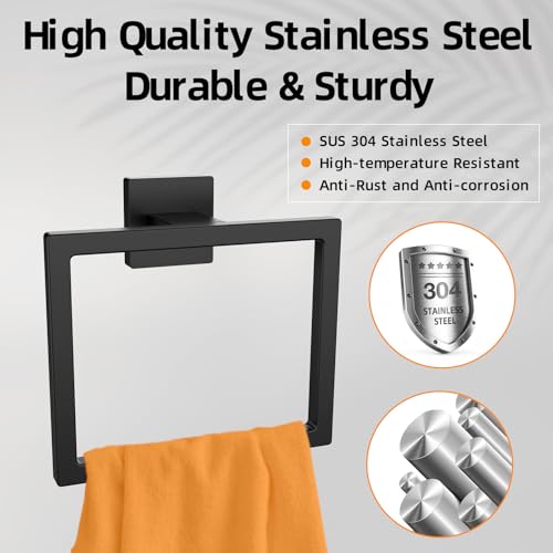 Matte Black Square Towel Ring - SUS304 Stainless Steel, Wall Mounted, 1 Pack