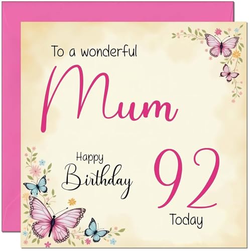 92nd Mum Birthday Card - Floral Butterfly Design for 92 Year Old