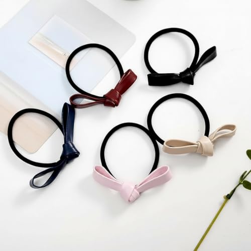 PU Leather Knotted Bow Hair Ties - 6 Pack Multicolored Ponytail Holders