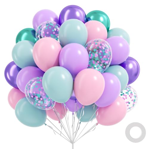 60pcs Mermaid Balloons Set - Pink Purple Teal Green Confetti