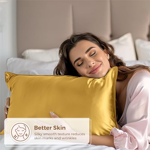 Gold Satin Pillowcase 2 Pack for Queen Size Bed - Silky Microfiber Sleep Cover - Pure Bedding