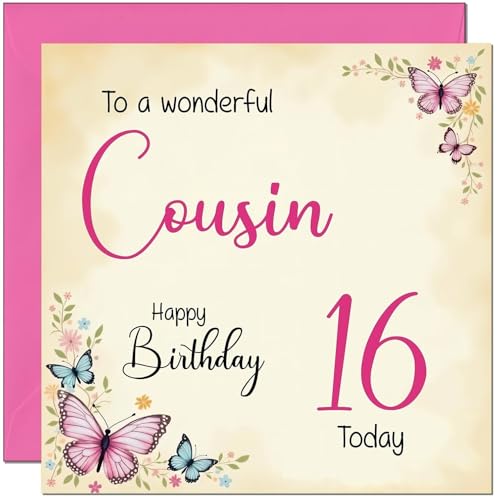 16th Birthday Card for Cousins - Floral Butterfly Design